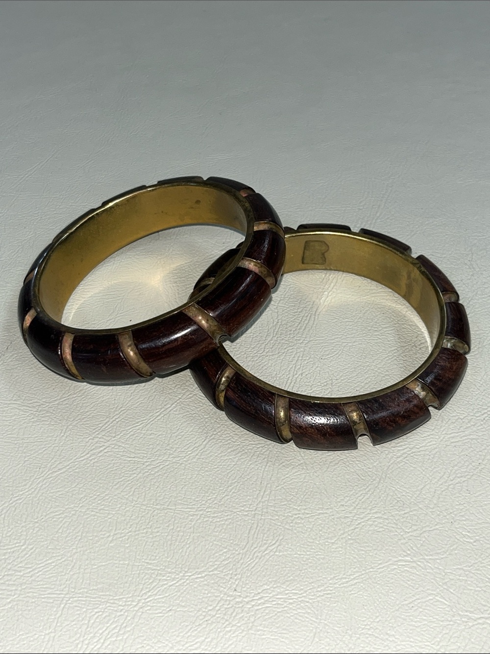 Two Wood Inlay Bangle Bracelet Set - Brown and Gold-tone